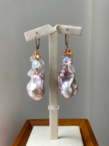 Mermaid Peach Rainbow Baroque Pearls, Rainbow Moonstone, Rose Quartz 14kRGF Earrings