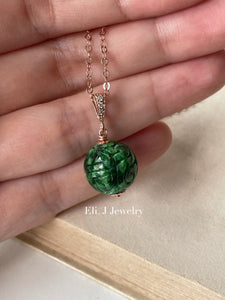 Carved Type A Deep Green Jade Ball Pendant Necklace 14kRGF