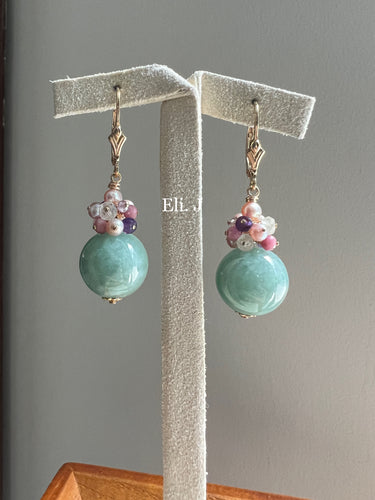 Mint Green Large Jade Balls & Pink Gemstones 14kGF Earrings