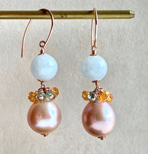 Load image into Gallery viewer, Type A Jade, Peach Pearls &amp; Gemstones 14k Gold Filled Earrings