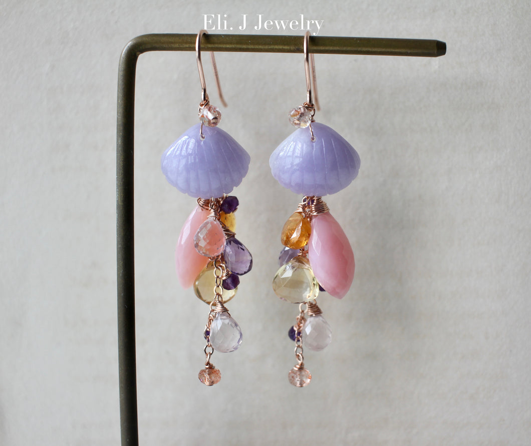 Eli. J Exclusive: Lavender Jade Shells, Pink & Orange Gemstones 14kRGF Earrings