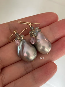 Silver Rainbow Baroque Pearls Labradorite Pink Zircon 14kGF Earrings