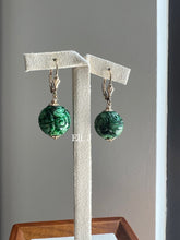 Load image into Gallery viewer, Deep Green Mixed Large Carved Jade Balls 14kGF Earrings