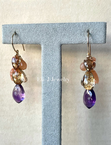 Autumn 3: Amethyst, Champagne Citrine, Peach Moonstone 14kGF Earrings
