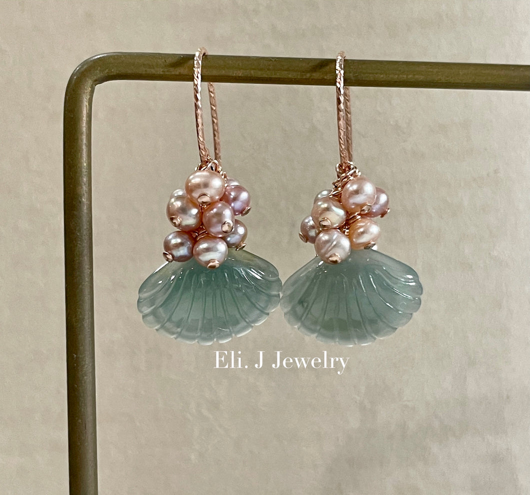 Exclusive to Eli. J: Bluish-Green Jade Shells & Blush Pearls Earrings