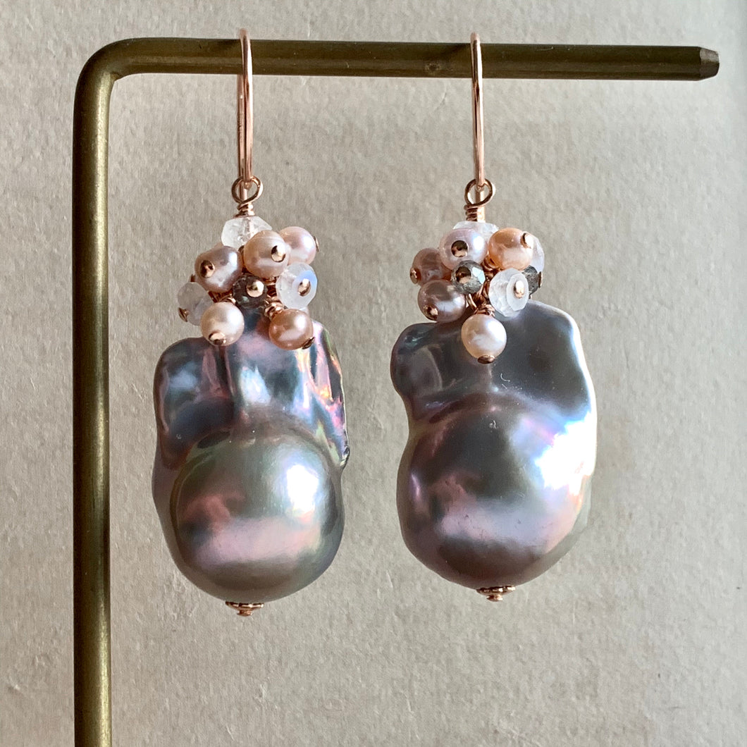 AAA Silver Baroque Pearls, Pearls & Rainbow Moonstone 14kRGF Earrings