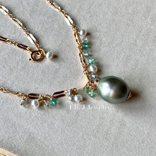 Load image into Gallery viewer, AAA Silver- Mint Tahitian Pearl, Emerald, Aquamarine, White Pearls 14kGF Necklace