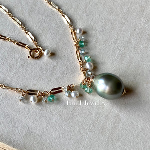 AAA Silver- Mint Tahitian Pearl, Emerald, Aquamarine, White Pearls 14kGF Necklace
