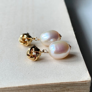 White Freshwater Pearls on Knot Studs
