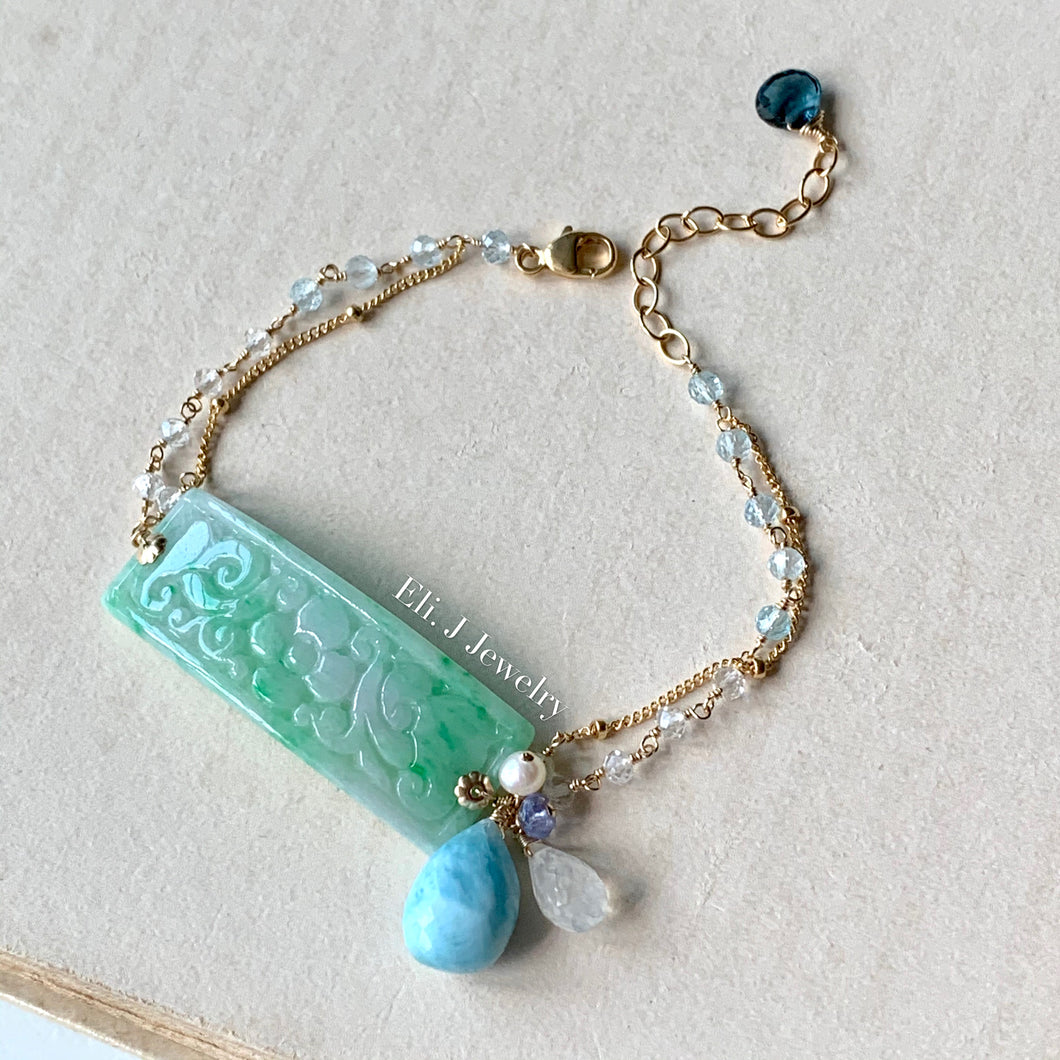 Eli. J Exclusive: Type A Jadeite Floral Bar & Gems Bracelet 14kGF