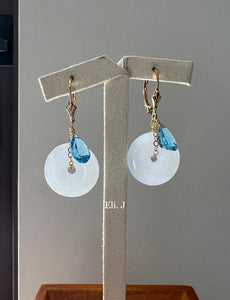 Pure White Jade Donuts & Swiss Blue Topaz 14kGG Earrings