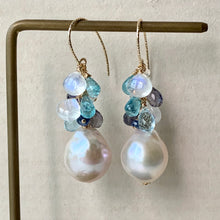 Load image into Gallery viewer, White Baroque Pearls, Blue Gemstones, 14kGF Earrings