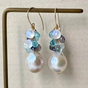 White Baroque Pearls, Blue Gemstones, 14kGF Earrings
