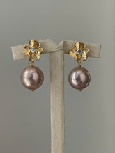 Load image into Gallery viewer, Large Peach Gold Edison Roundish Pearls on Elegant Floral Studs