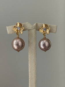 Large Peach Gold Edison Roundish Pearls on Elegant Floral Studs