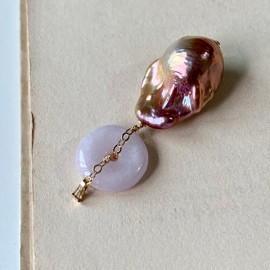 Type A Lavender Jade & AAA Purple-Peach Baroque Pearl Pendant 14kGF