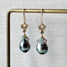 Load image into Gallery viewer, AA- AAA Olive-Peacock Tahitian Pearls, Apatite, Spinel Bee 14kGF Earrings