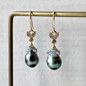 AA- AAA Olive-Peacock Tahitian Pearls, Apatite, Spinel Bee 14kGF Earrings