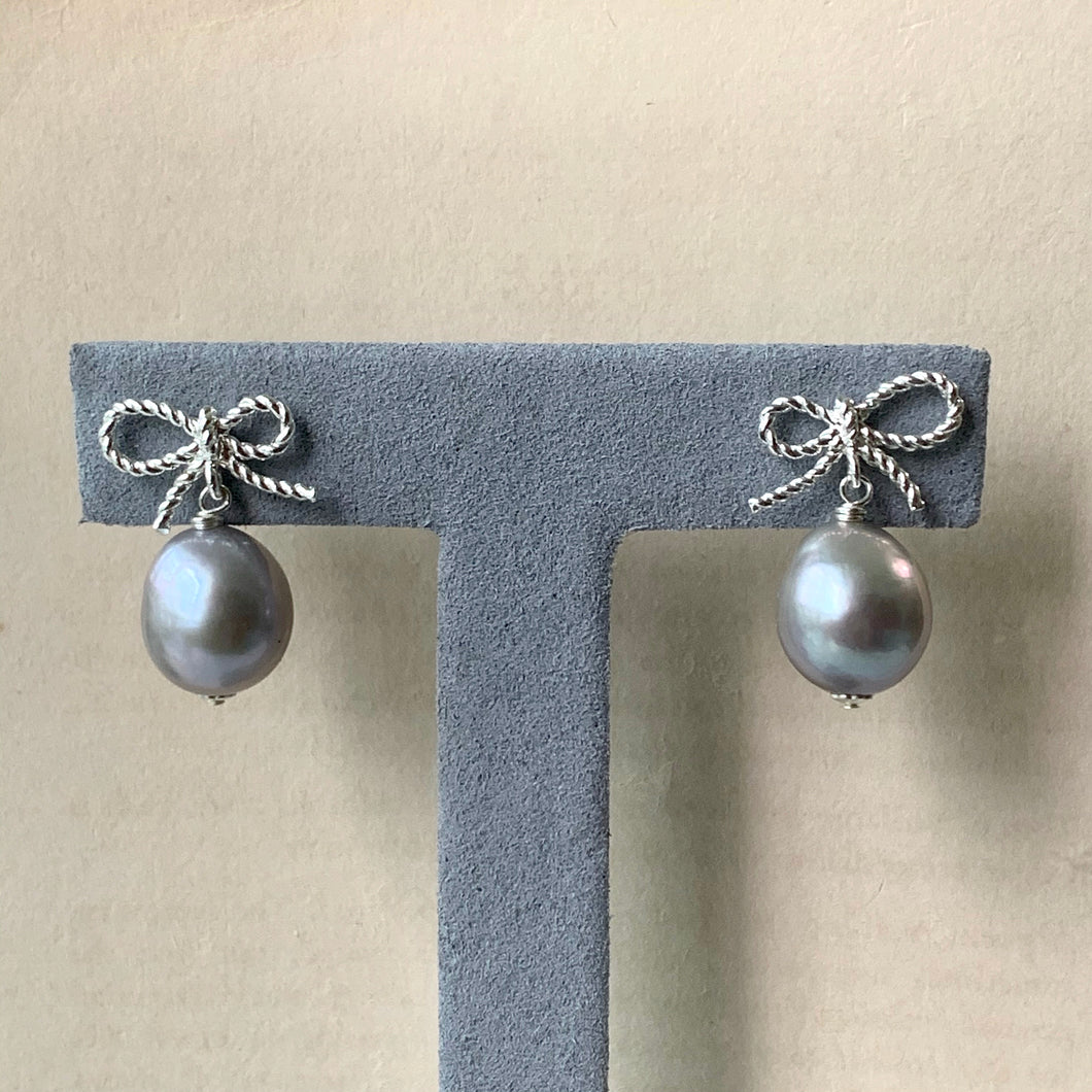 Silver Baroque Pearls & Rhodium Plated Ribbon Studs