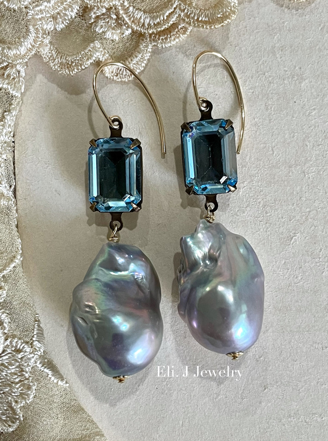 Belle: Vtg Aquamarine Glass Stones, Silver Baroque Pearls Earrings