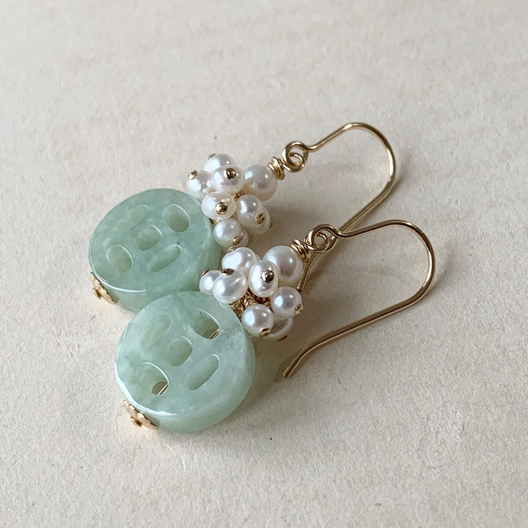 Carved Type A Apple-Green Jade & Pearls 14kGF Earrings