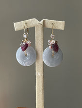 Load image into Gallery viewer, Large Bluish Lavender Jade Donuts, Watermelon Tourmaline Leaves, Pearls, Labradorite 14kGF Earrings
