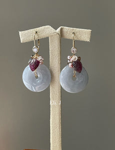 Large Bluish Lavender Jade Donuts, Watermelon Tourmaline Leaves, Pearls, Labradorite 14kGF Earrings