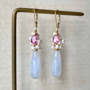 Eli. J Exclusive: Lavender Jade Drops, Pink Topaz, Pearls 14kGF Earrings