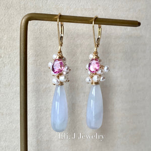 Eli. J Exclusive: Lavender Jade Drops, Pink Topaz, Pearls 14kGF Earrings