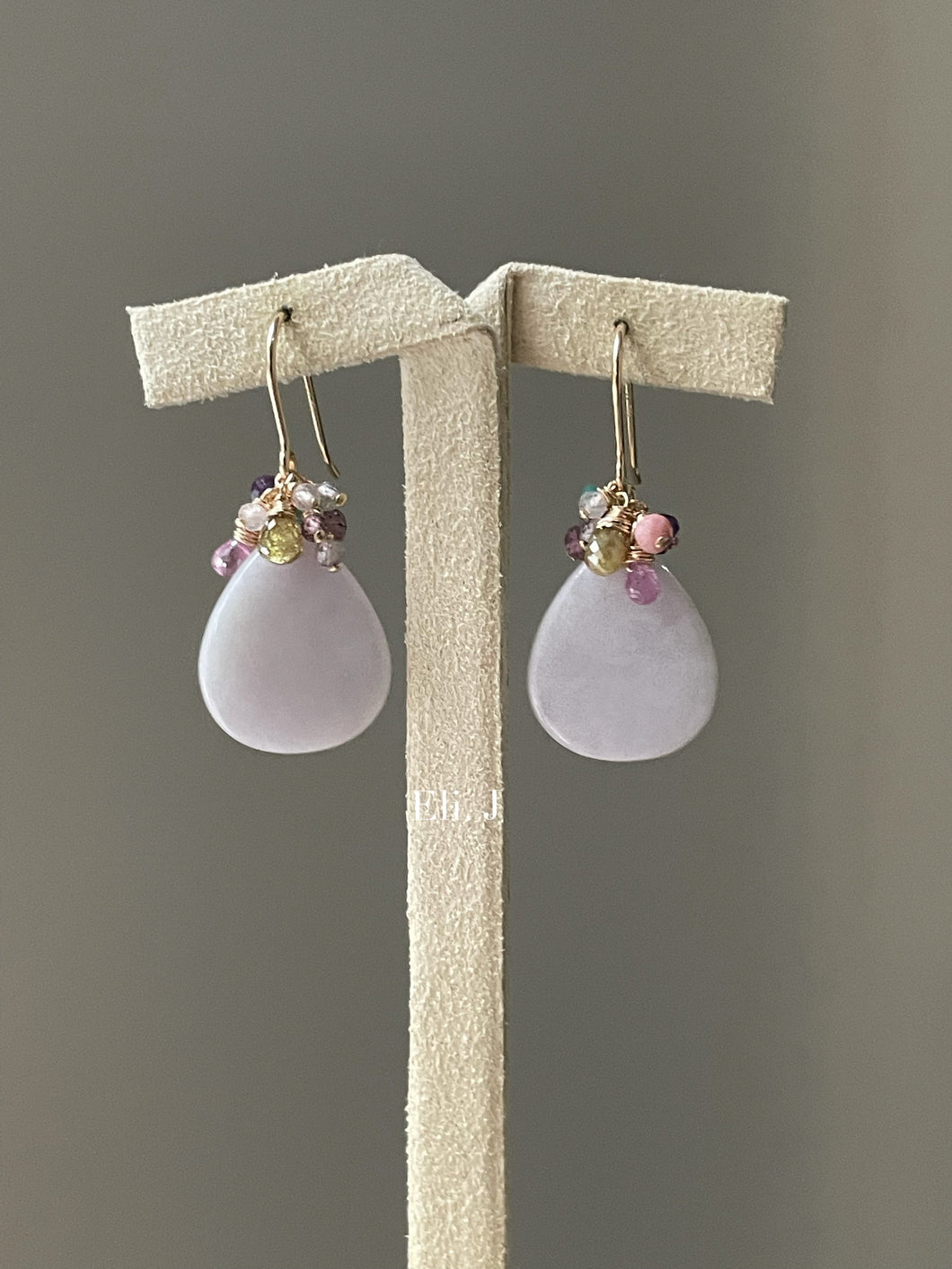 Lilac Lavender Small Teardrops, Champagne Diamonds, Sapphire 14kGF Earrings