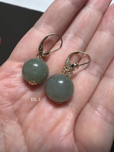 Deep Olive Green Jade Balls 14kGF Earrings