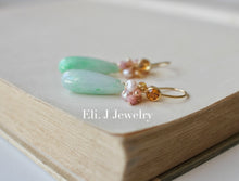 Load image into Gallery viewer, Custom-cut Type A Mint Green Jade Drops &amp; Pink Pearls 14kGF Earrings