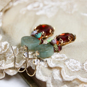 Custom-Cut Jade, Vintage Glass Gems & Flowers 14KGF Earrings