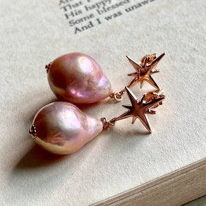 Peachy Pink Edison Pearls on Rose Gold Star Studs