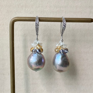Silver Baroque Pearls, Citrine, Iolite, Rainbow Moonstone 925 Earrings