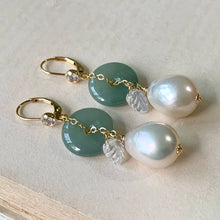 Load image into Gallery viewer, Type A Burmese Green Jade, White Baroque Pearls &amp; Rainbow Moonstone Leaf 14kGF Earringd