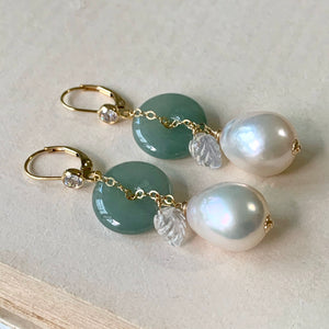 Type A Burmese Green Jade, White Baroque Pearls & Rainbow Moonstone Leaf 14kGF Earringd