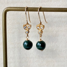 Load image into Gallery viewer, Dark Green Jade &amp; Bees 14kGF Earrings