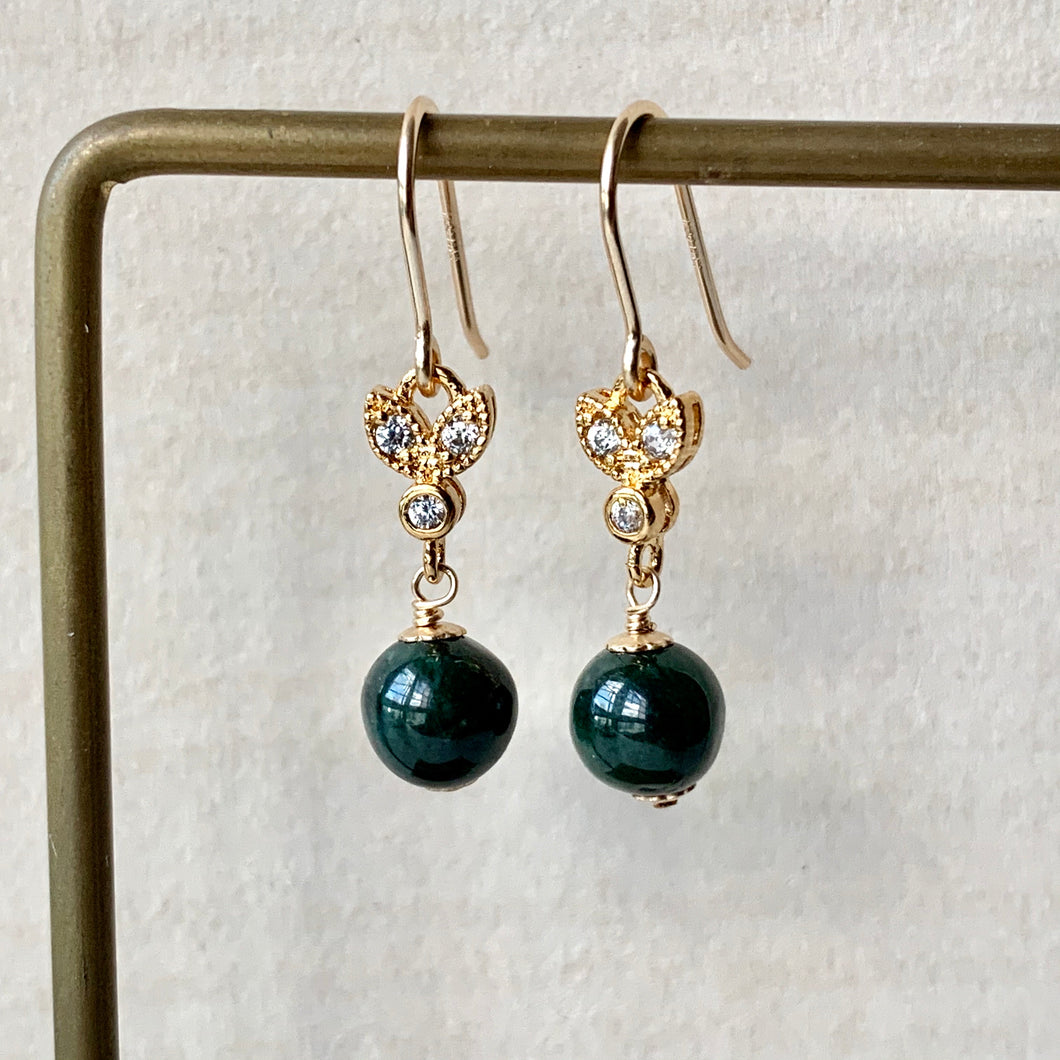 Dark Green Jade & Bees 14kGF Earrings