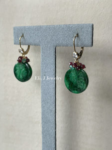 Exclusive: 福 Blessings Type A Dark Green Jade, Rubies, Emerald 14kGF Earrings