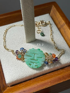 Mint Green 喜喜 Double Happiness Jade & Colorful Gems 14kGF Bracelet