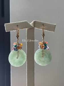 Type A Apple-Green Jade Donuts & Pink Topaz & Rainbow Gemstones Earrings