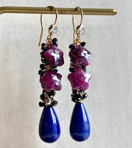 Starry Night- AAA Lapis Lazuli, Ruby Stars, Black Spinel 14k Gold Filled