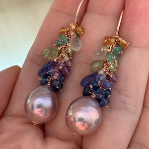 Aurora- Lavender Edison Pearls, Tanzanite, Peridot 14k Gold Filled Earrings