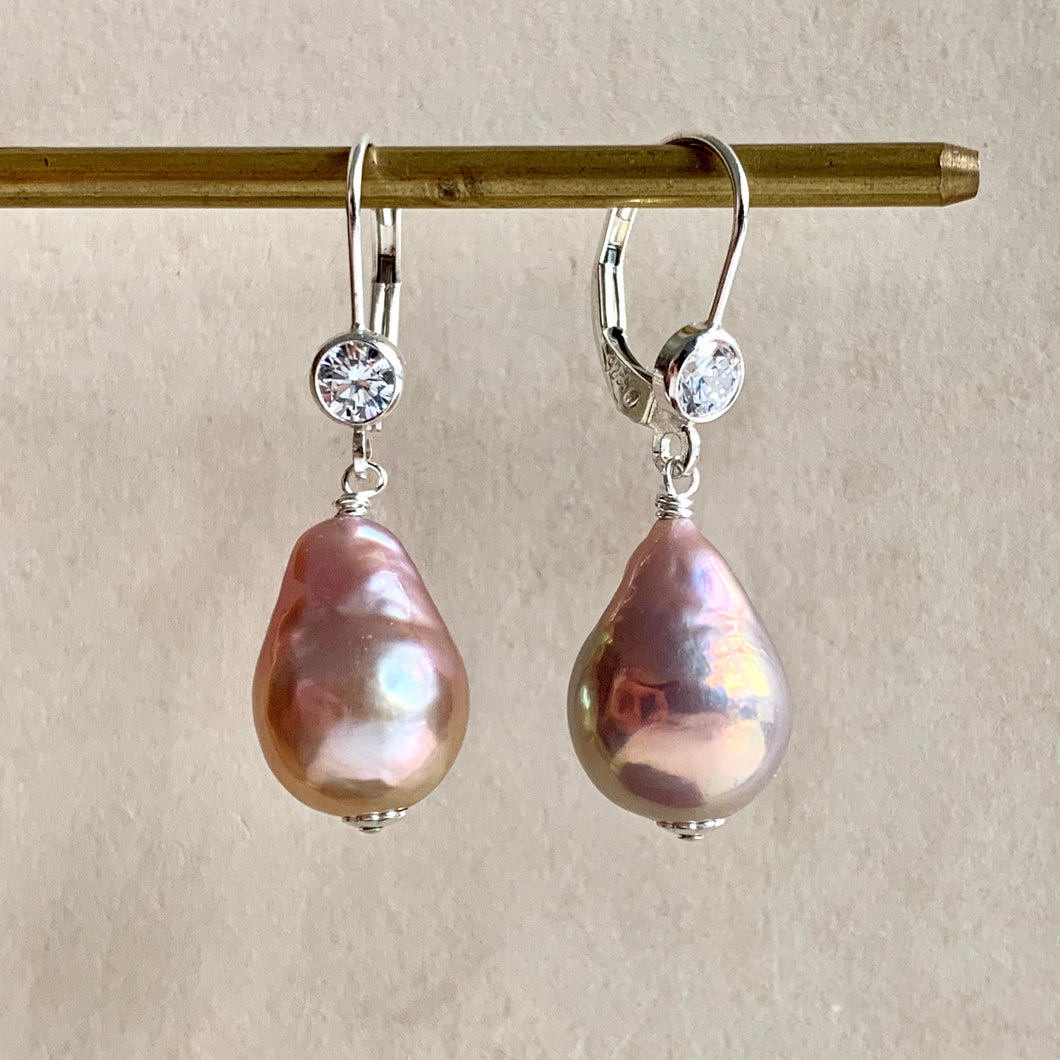 Peachy-Pink Pearls 925 Sterling Silver Leverback Earrings