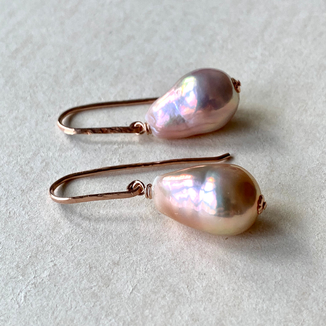 AAA Flawless Rainbow Pink Drop Edison Pearls (Hand Forged) 14kRGF Earrings