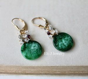Exclusive: 福 Dark Green Type A Jade, Silver Diamonds, Ruby, Rutile, 14kGF Earrings