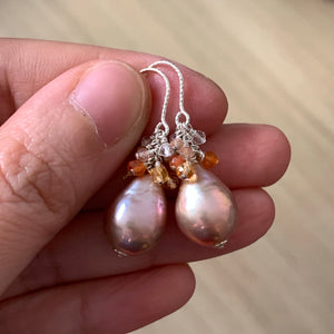 Peach-Gold Edison Pearls & Orangey Gems 925 Sterling Silver