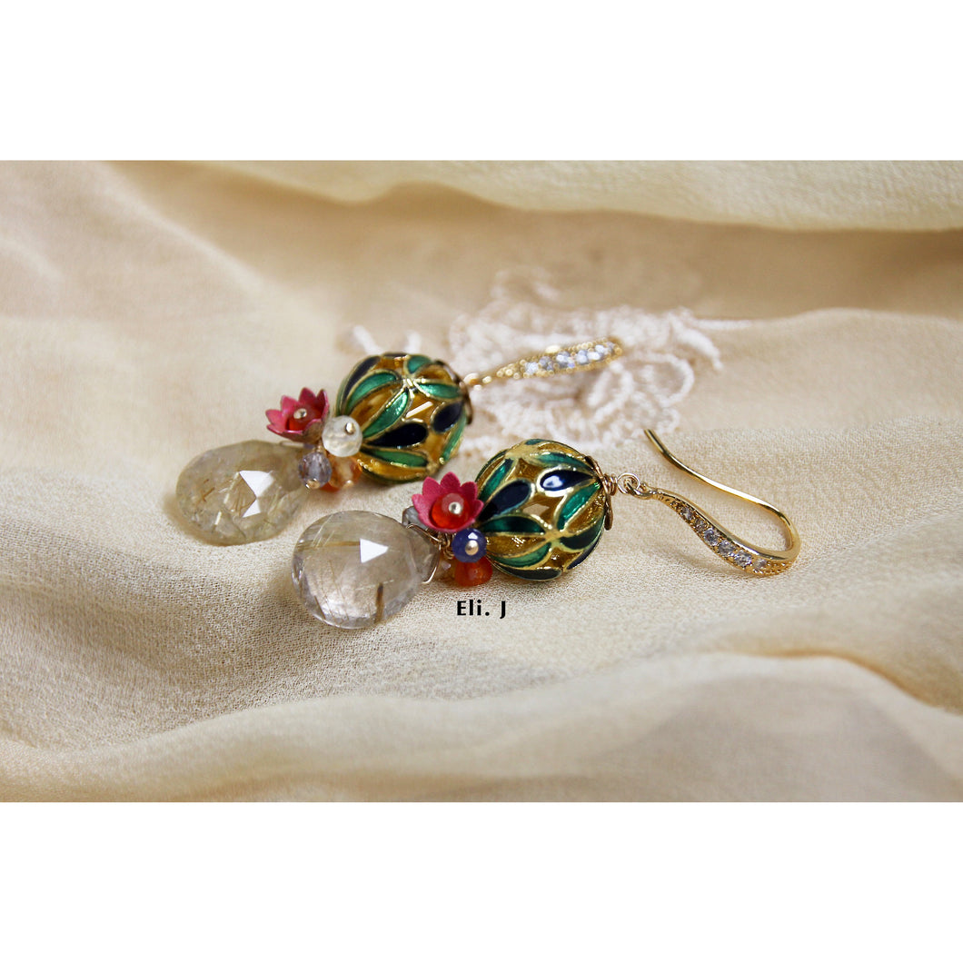 Cloisonne Balls, Vintage Enamel Flowers, Golden Rutile 14kGF Earrings