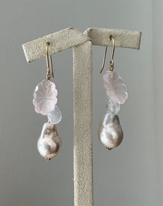 Rose Quartz Flowers, Aurora Edison Pearls, 14kGF Earrings